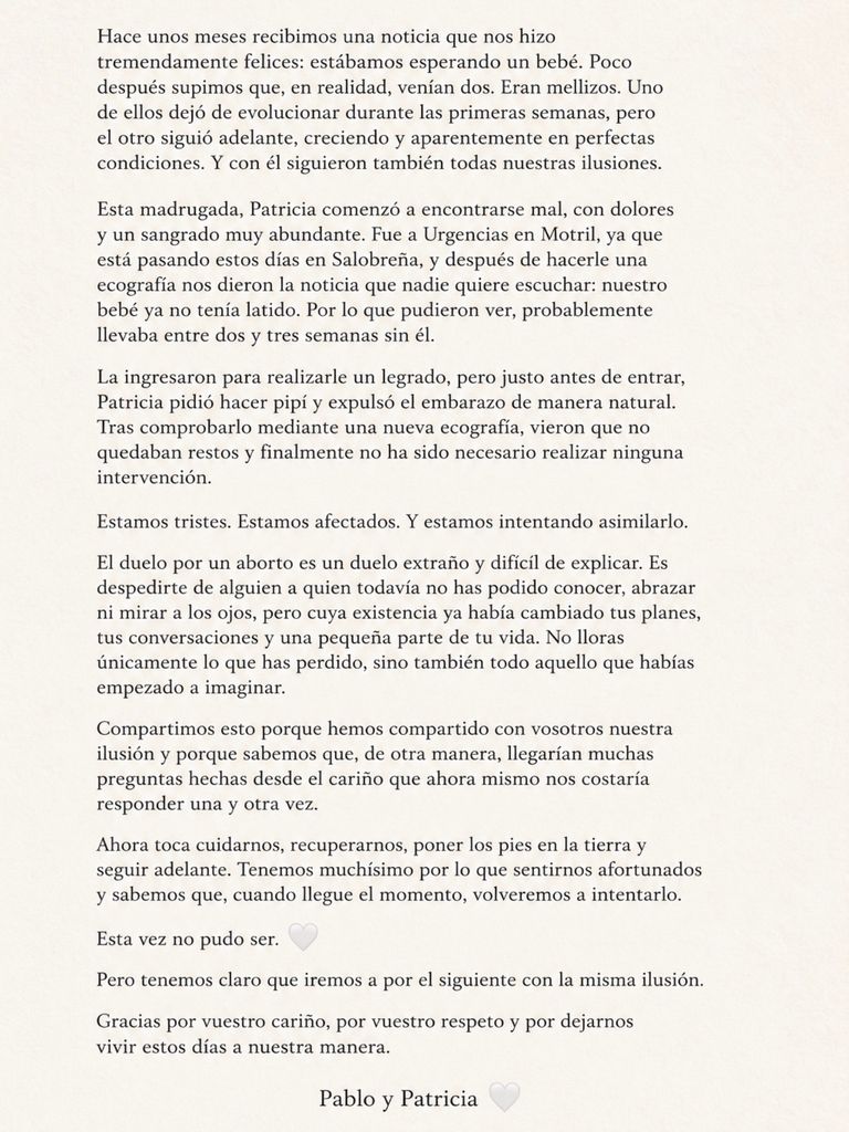 El desgarrador comunicado de Patricia y Pablo sobre la pérdida de su bebé