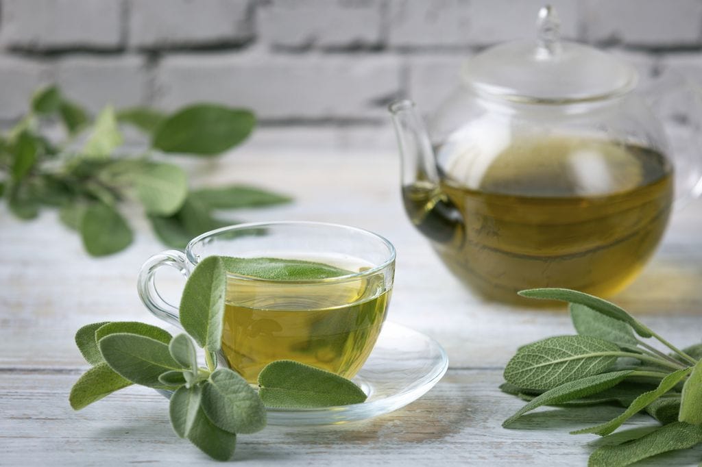 infusión de salvia en una taza y una tetera