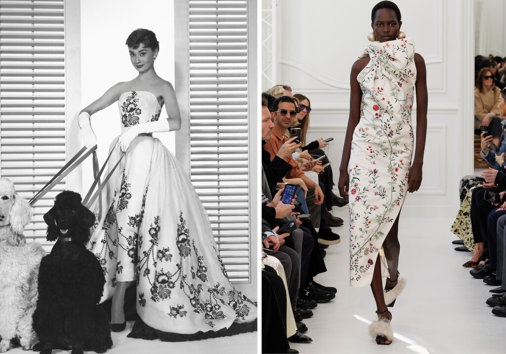 Aundrey Hepburn en "Sabrina", y la propuesta floral de Sarah Burton para Otoño/Invierno 2025