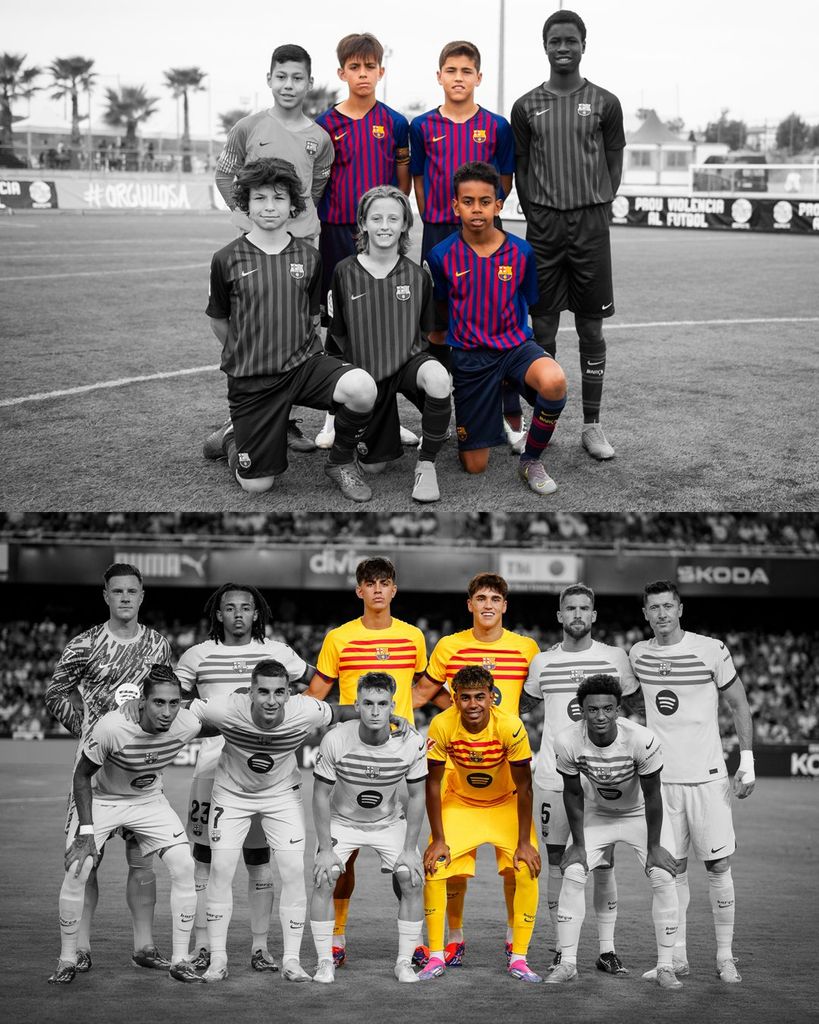 Yamal, Cubarsí y Bernal, arriba cuando jugaban en las categorías inferiores del Barça, y abajo ya de mayores con el conjunto culé