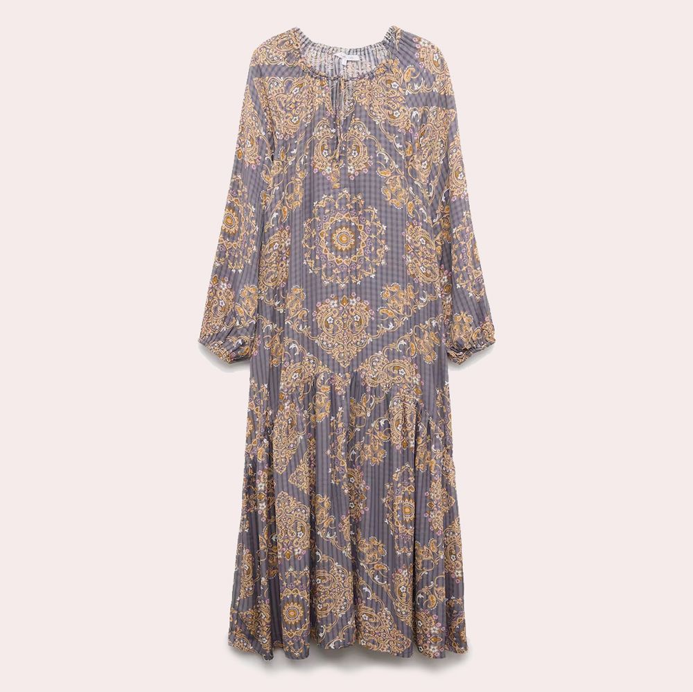 Vestido midi esttampado de manga francesa de mujer Verde Southern Cotton