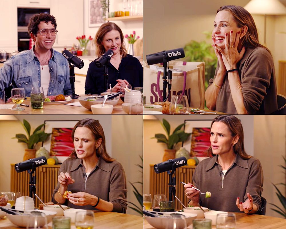 Jennifer Garner, en distintos momentos de su participación en el podcast 'Dish', donde compartió sus gustos culinarios.