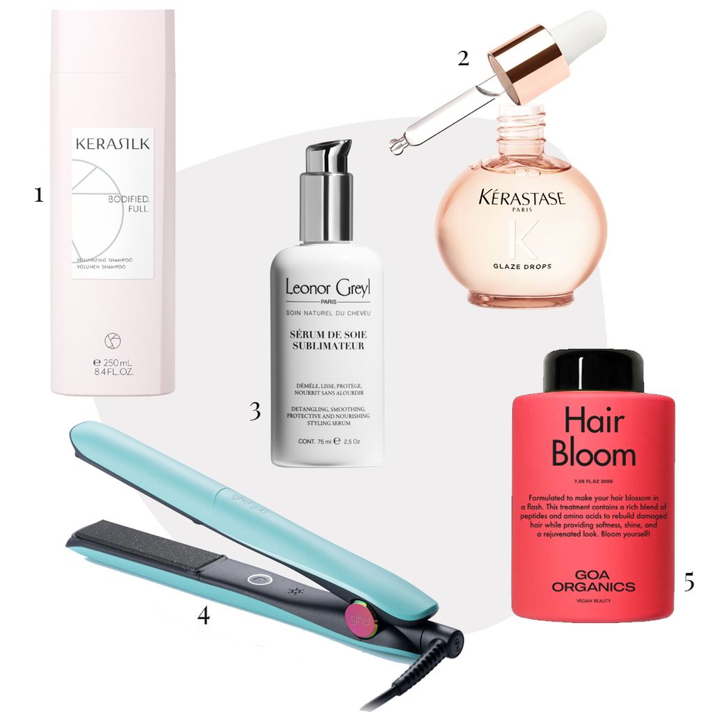 1) 'Volumizing Shampoo', Kerasilk / 2) 'Glaze Drops', Kérastase / 3) 'Serum de Soie Sublimateur', Leonor Greyl / 4) ghd gold 'Futurescape' / 5) 'Hair Bloom', Goa Organics