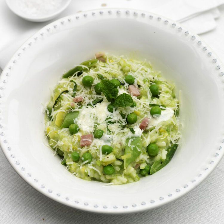 'Risotto' de guisantes, judías verdes y beicon