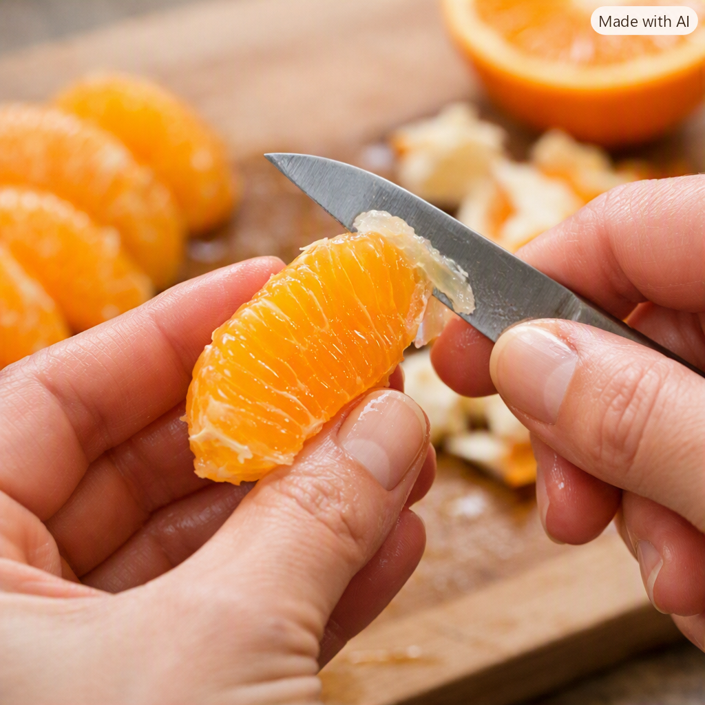 Pelar una naranja 'a lo vivo' es cuestión de paciencia.