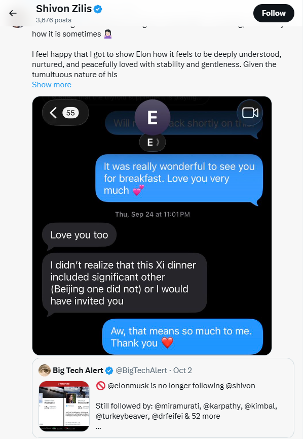 Mensaje publicado por Shivon Zilis en su cuenta de X