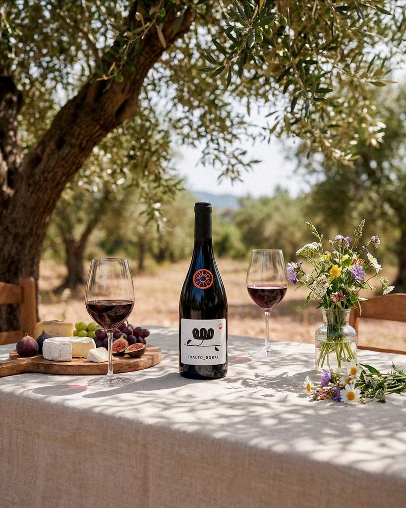 Mesa con vino, queso, uvas y flores en un olivar soleado.