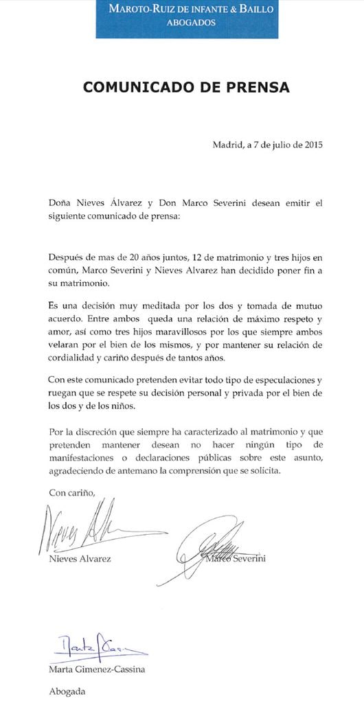 El comunicado remitido a ¡HOLA! con el que han anunciado su separación
