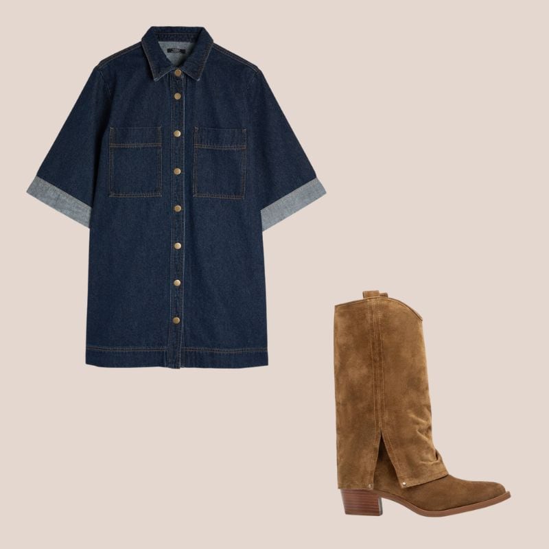 vestido denim y botas de ante