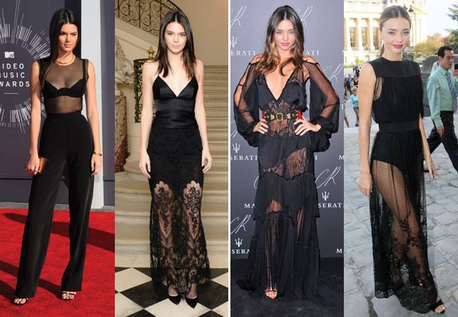 Cuatro mujeres, incluyendo a Kendall Jenner y Miranda Kerr, posan en vestidos negros transparentes en diferentes eventos.