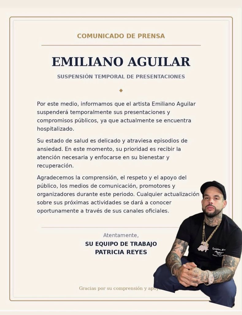En el comunicado de los representantes de Emiliano Aguilar, se explica que su estado de salud es "delicado"