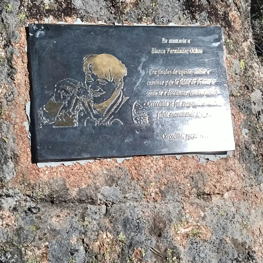Una placa conmemorativa recuerda a Blanca Fernández Ochoa en el lugar de la sierra de Cercedilla donde fue encontrada sin vida en septiembre de 2019