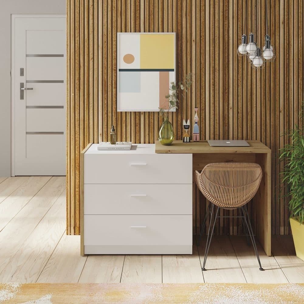 Cómoda y escritorio en blanco y roble
