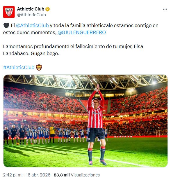 Comunicado del Athletic Club dando el pésame a Julen Guerrero tras la muerte de su mujer