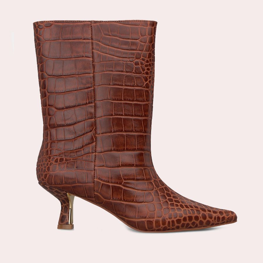 Botines básicos de mujer en piel con efecto cocodrilo - Alma en Pena - Camel