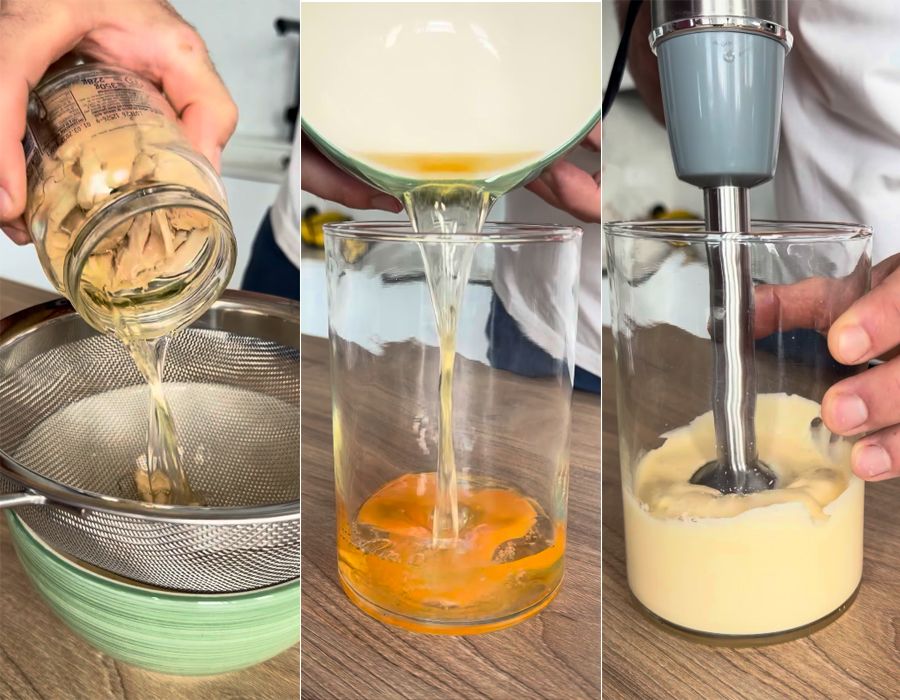 Añadir un poquito del aceite de conserva del bonito, un truco perfecto para dar intensidad al sabor de la mayonesa casera.