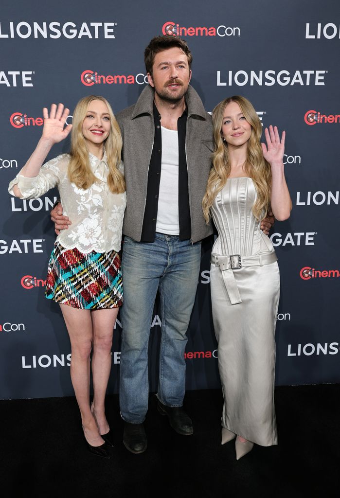 LAS VEGAS, NEVADA - APRIL 01: Amanda Seyfried, Brandon Sklenar and Sydney Sweeney promote the upcoming film "The Housemaid" at the Lionsgate presentation during CinemaCon, the official convention of Cinema United, at The Colosseum at Caesars Palace on April 01, 2025 in Las Vegas, Nevada.  (Photo by Ethan Miller/Getty Images)
