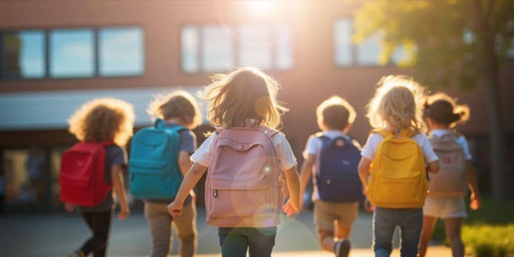 Grupo de niños con mochila hacia el colegio