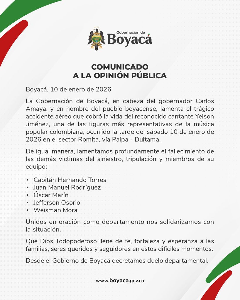 Comunicado sobre el accidente de la Gobernación de Boyacá