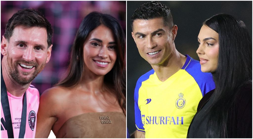 Lionel Messi con su esposa Antonela Roccuzzo y Cristiano Ronaldo con su prometida Georgina Rodríguez.