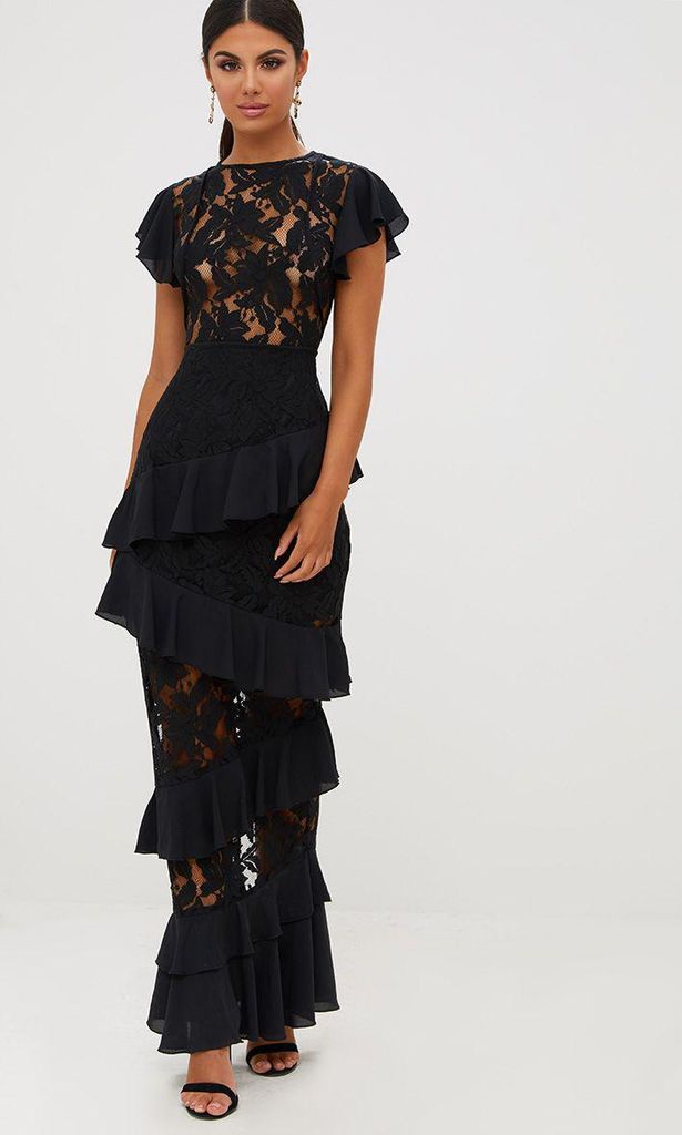 black lace ruffle detail maxi dress de pretty little thing