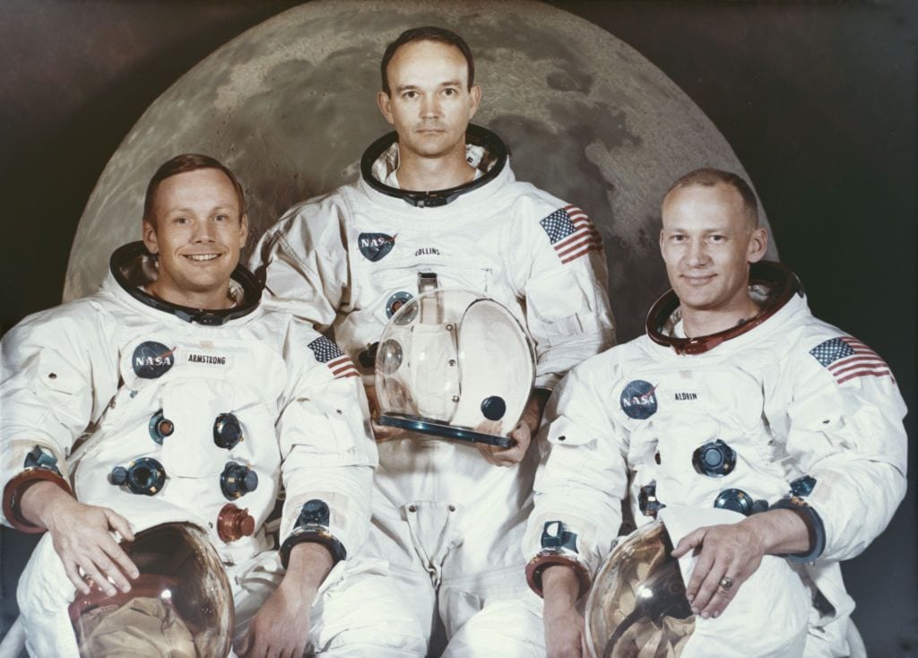 Los tres miembros de la misión Apollo 11: Neil Armstrong, C Michael Collins y Edwin 'Buzz' Aldrin Jr