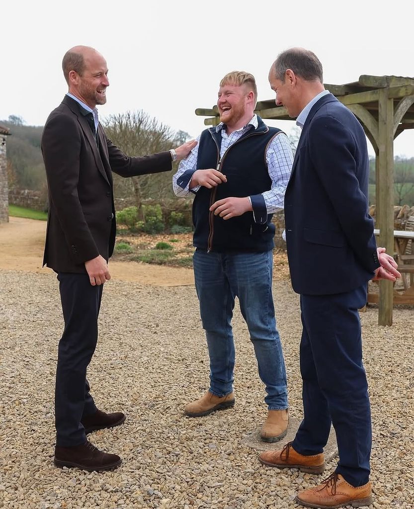 Prince William, Prince of Wales (L) speaks with Clarkson's Farm stars Kaleb Cooper (C) and Charlie Ireland (R) during an event for sixty of the Duchy of Cornwall's next generation of farming tenants, on March 26, 2025 in Pensford, England