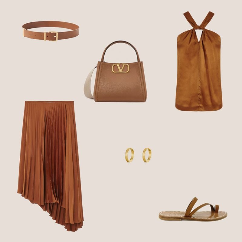 look con falda midi marron