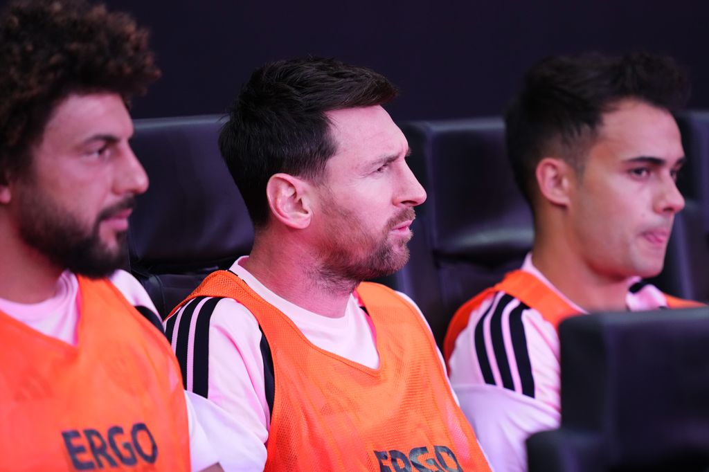 MIAMI, FLORIDA - AUGUST 12: Lionel Messi #10 of Inter Miami CF looks on from the substitute bench prior to the Leagues Cup Phase One match between Inter Miami CF and Leon at Nu Stadium on August 12, 2026 in Miami, Florida. (Photo by Rich Storry/Getty Images)
