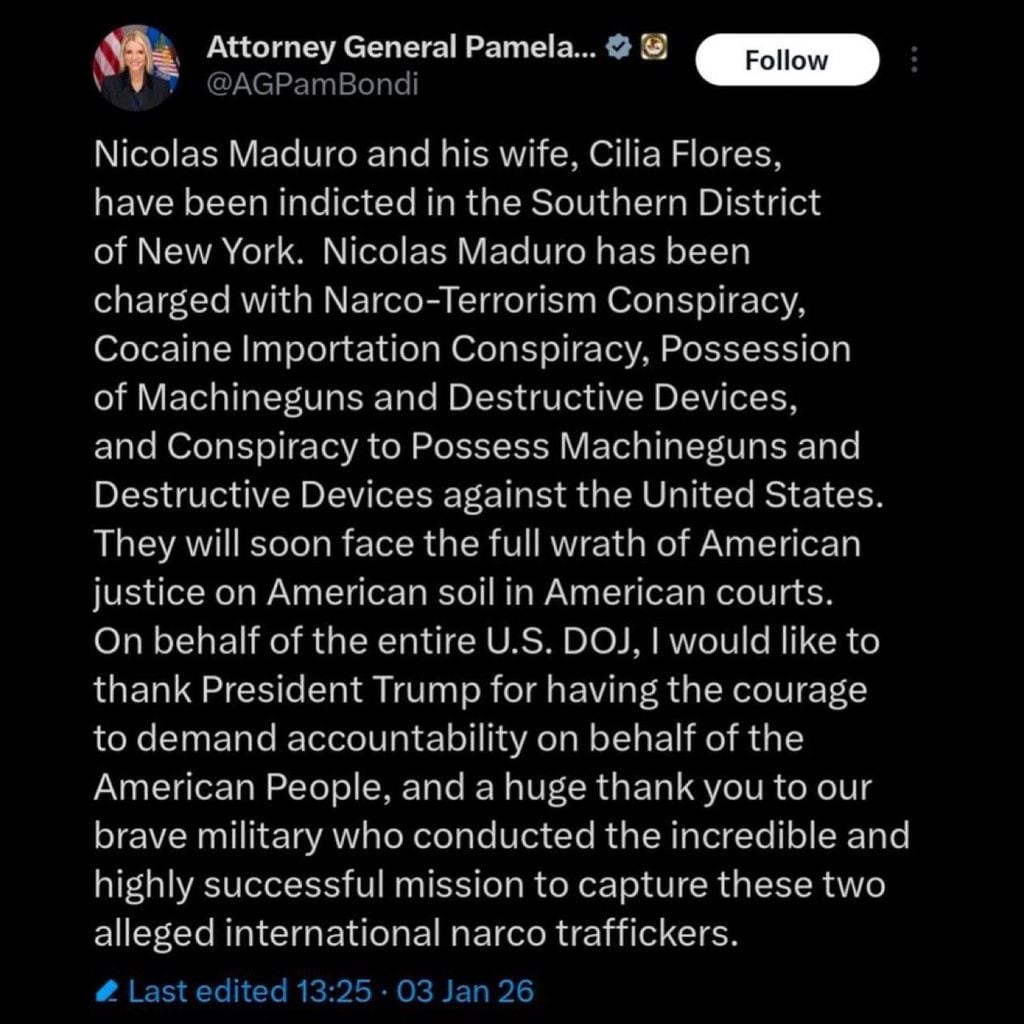 La publicación de la fiscal general de Estados Unidos, Pamela Bondi