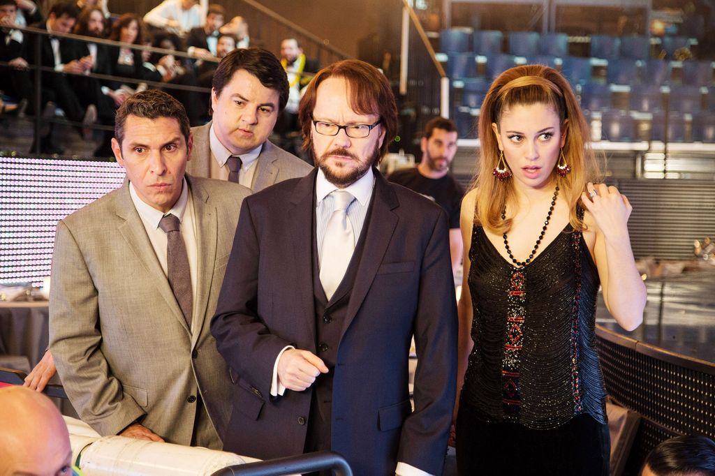 Javier Manrique, Andoni Agirregomezkorta, Santiago Segura y Blanca Suárez en el rodaje de la película Mi gran noche en 2015