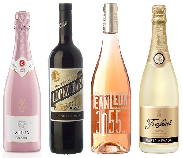 De izquierda a derecha: Anna Brut Rosé de Codorniú, con tono cereza y fresa, y aroma de frutas rojas, manzana verde y pimienta. Vino tinto Reserva 2009 de la Hacienda López de Aro. Jean Leon 3055, vino rosado de 2012, en variedades merlot y cabernet sauvignon. Cava Carta Nevada Brut, con notas de albaricoque, melocotón y vainilla, de Freixenet. Vom Fass, vodka de color rosa con copos de oro de 22 quilates. © Codorniú © Vinissimus © Freixenet © Selfridges 