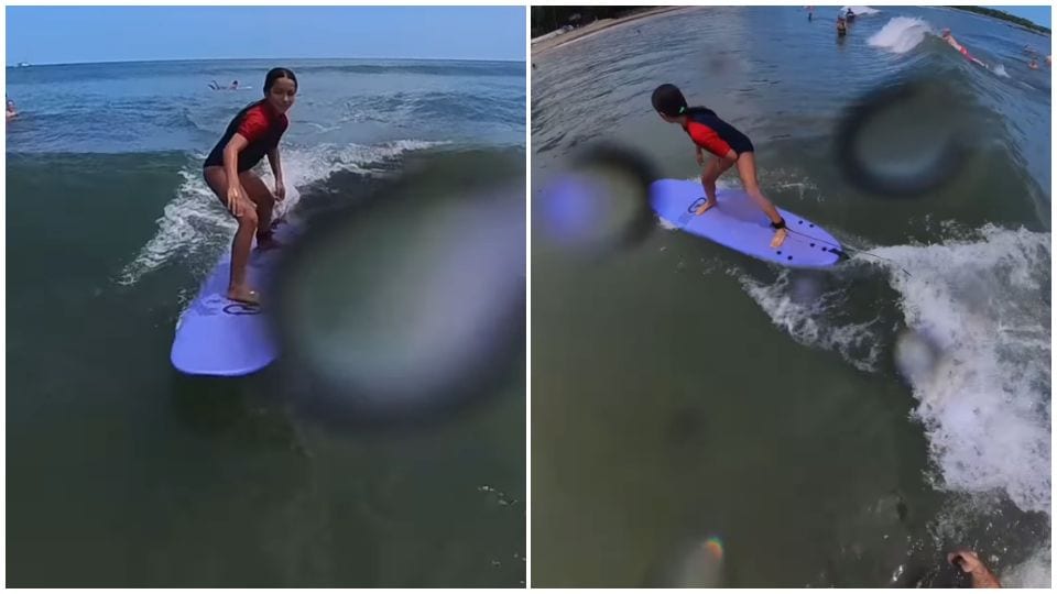 Alaïa haciendo surf en Costa Rica.
