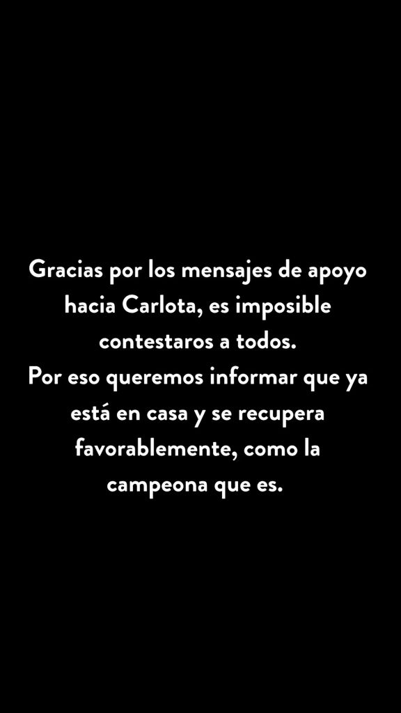 El comunicado compartido por Dehesa de los Canónigos confirma que Carlota ya ha recibido el alta hospitalaria y continúa recuperándose en casa.