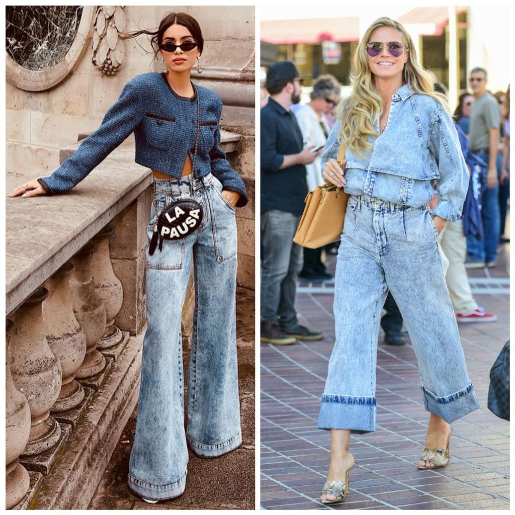 Camila Coelho y Heidi Klum con looks compuestos por acid-wash denim