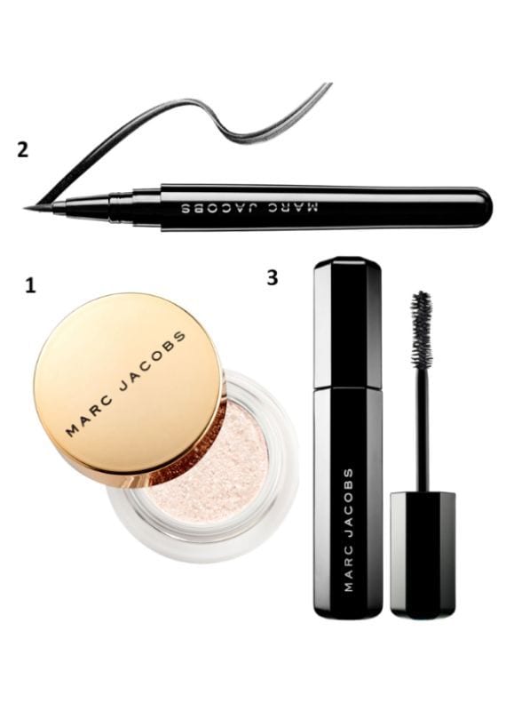 Marc Jacobs Beauty See-quins Glam Glitter Eyeshadow, Magic Marc'er Precision Pen Waterproof Liquid Eyeliner y Velvet Noir Major Volume Mascara 