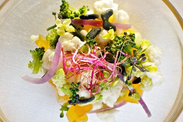 Colorido y sabroso plato de coles del huerto propio acompañadas de gel de ceviche en 'Casa José'.
