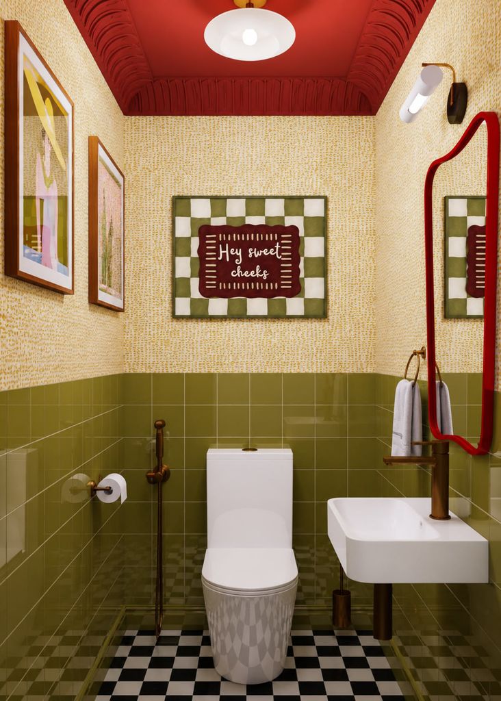 Baño verde con techo pintado de color rojo