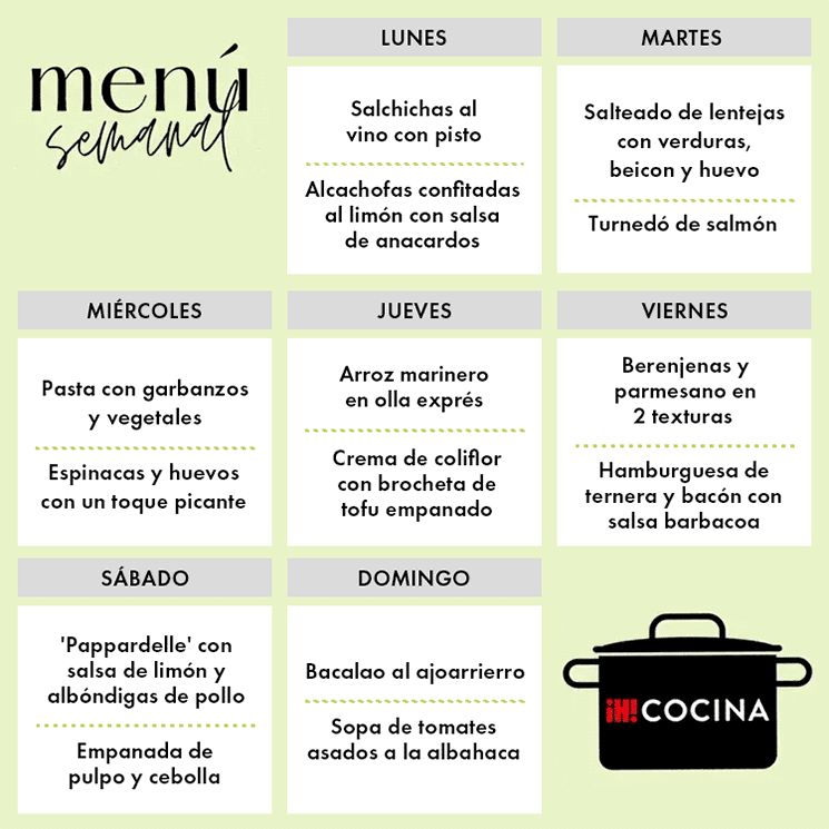 MENÚ SEMANAL DEL LUNES 12 AL DOMINGO 18 DE FEBRERO