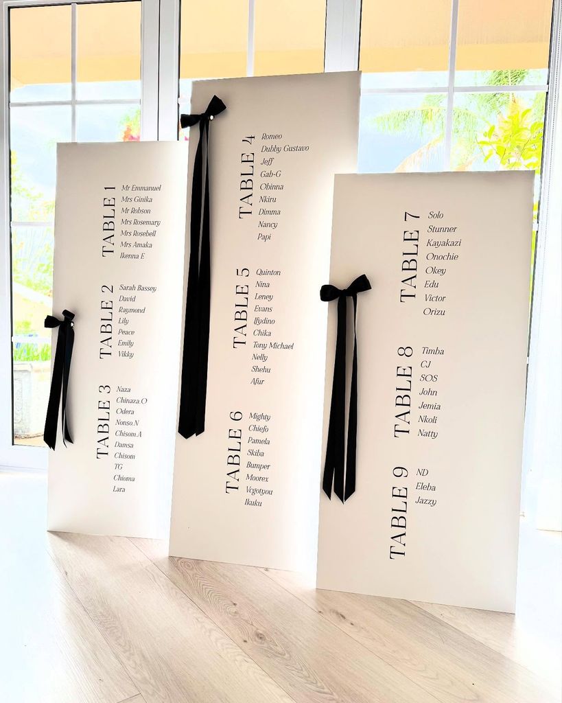 Seating plans de boda en columnas con lazo negro