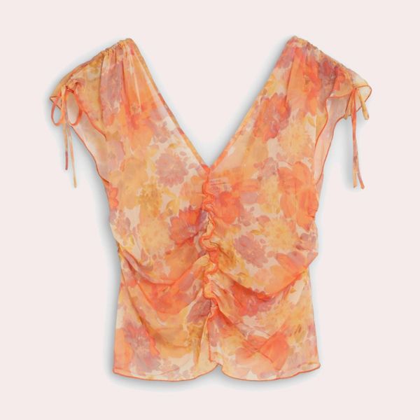 Blusa de mujer estampada con detalles fruncidos Melocotón Scalpers