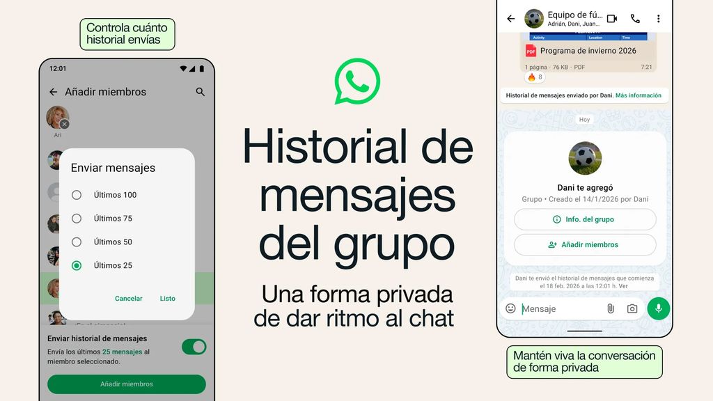 WhatsApp permite compartir entre 25 y 100 mensajes recientes cuando se añade un nuevo miembro a un grupo