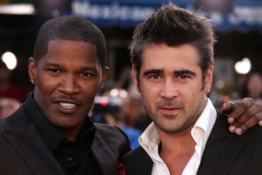 Colin Farrell con Jamie Foxx, en su llegada a la premiere de Miami Vice, julio de 2006  