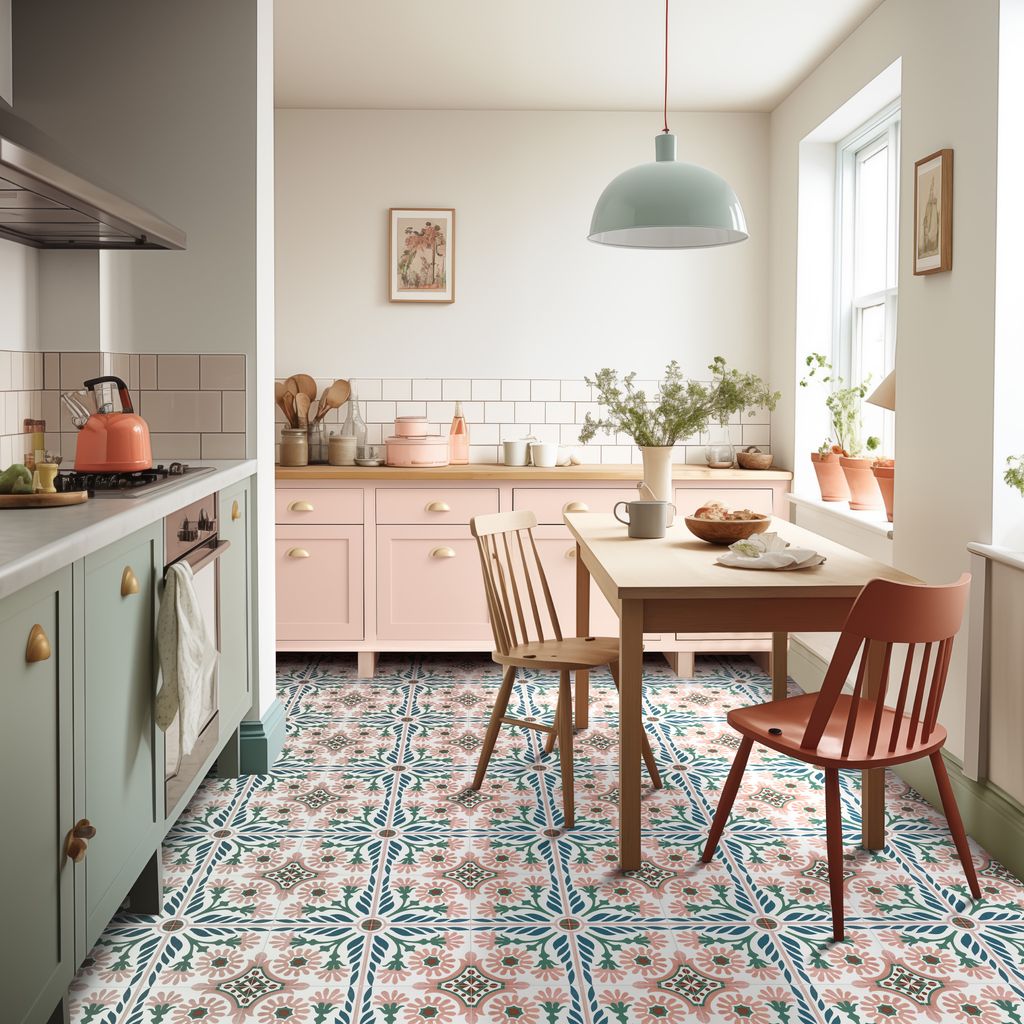Cocina con muebles de colores y suelo efecto hidráulico
