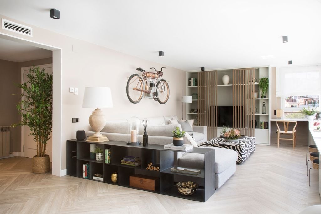 Salón con estantería tras el sofá. 