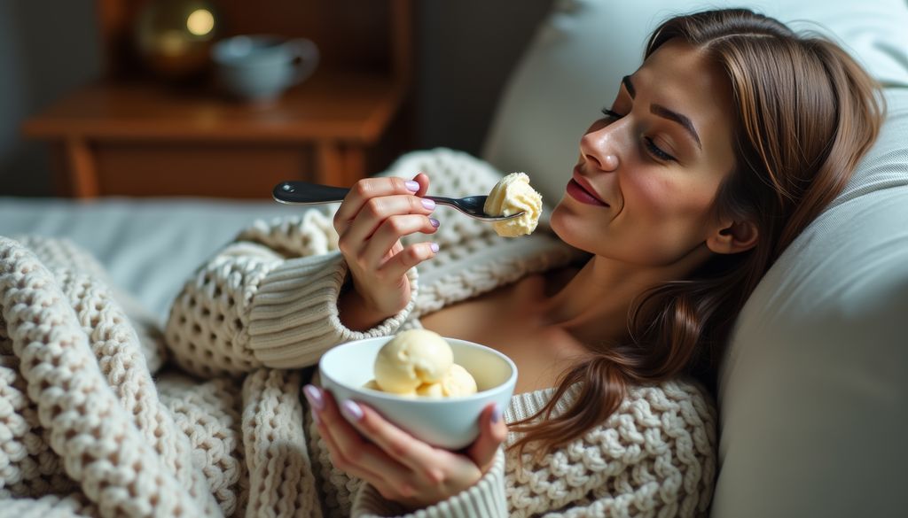 Mujer comiendo helado de vainilla en el sofá