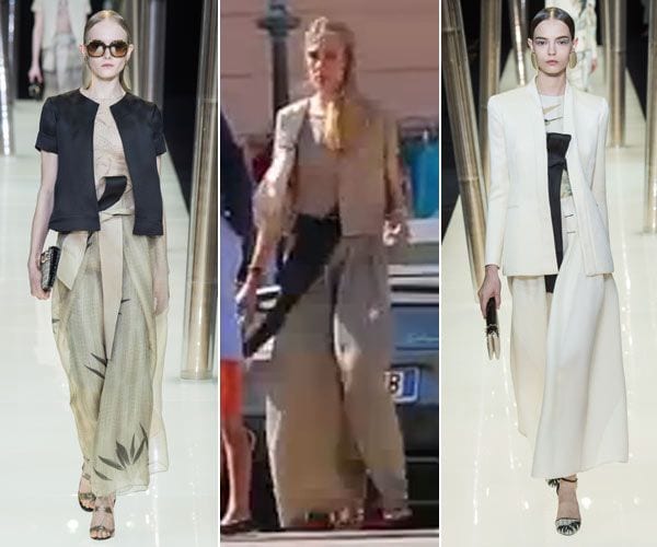 Esta colección de Giorgio Armani Privé está caracterizada por los trajes de chaqueta con pantalones amplios y faldas pantalón con un ligero toque oriental, aunque la opción que escogió Lavinia fue un poco más clásica
