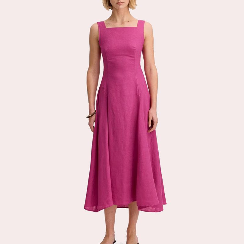 Vestido midi lino y escote cuadrado Fucsia Simorra