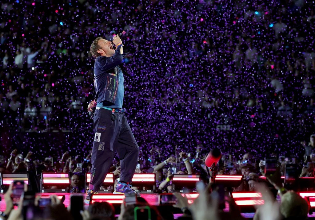 LAS VEGAS, NEVADA - JUNE 06: Chris Martin of Coldplay performs on a stop of the band's Music of the Spheres world tour at Allegiant Stadium on June 06, 2025 in Las Vegas, Nevada. (Photo by Ethan Miller/Getty Images)