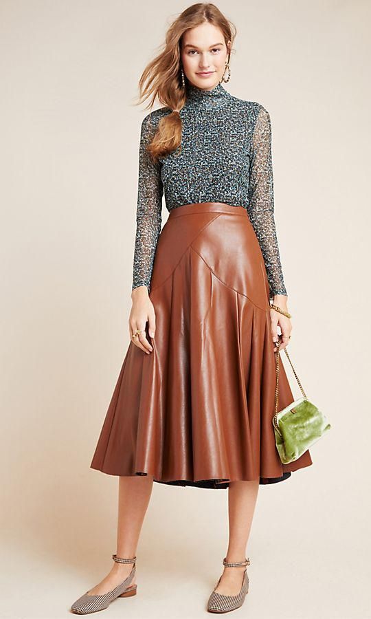 mariska faux leathe midi skirt golden brown de anthropologie